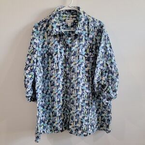 Kim Rogers Womens Button Up Top Size 1X Linen Colorful Coastal Euro Summer
